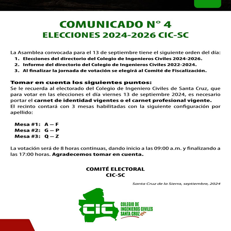 COMUNICADO #4 – COMUNICADO N° 4 – DEL COMITÉ ELECTORAL DEL CIC-SC